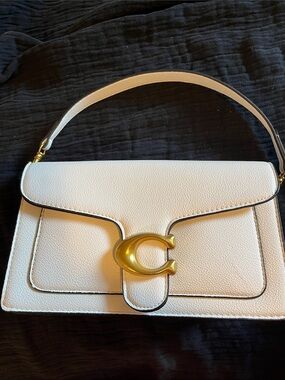 White Leather Shoulder Bag with Gold C Accent